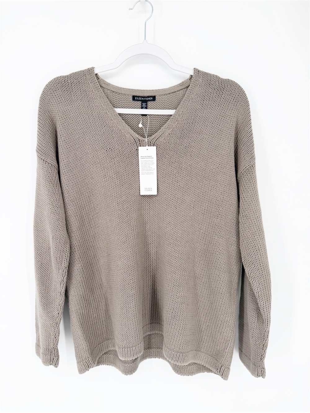 NWT Eileen Fisher Organic Cotton Open Knit Pullover V Neck Sweater Gray Medium